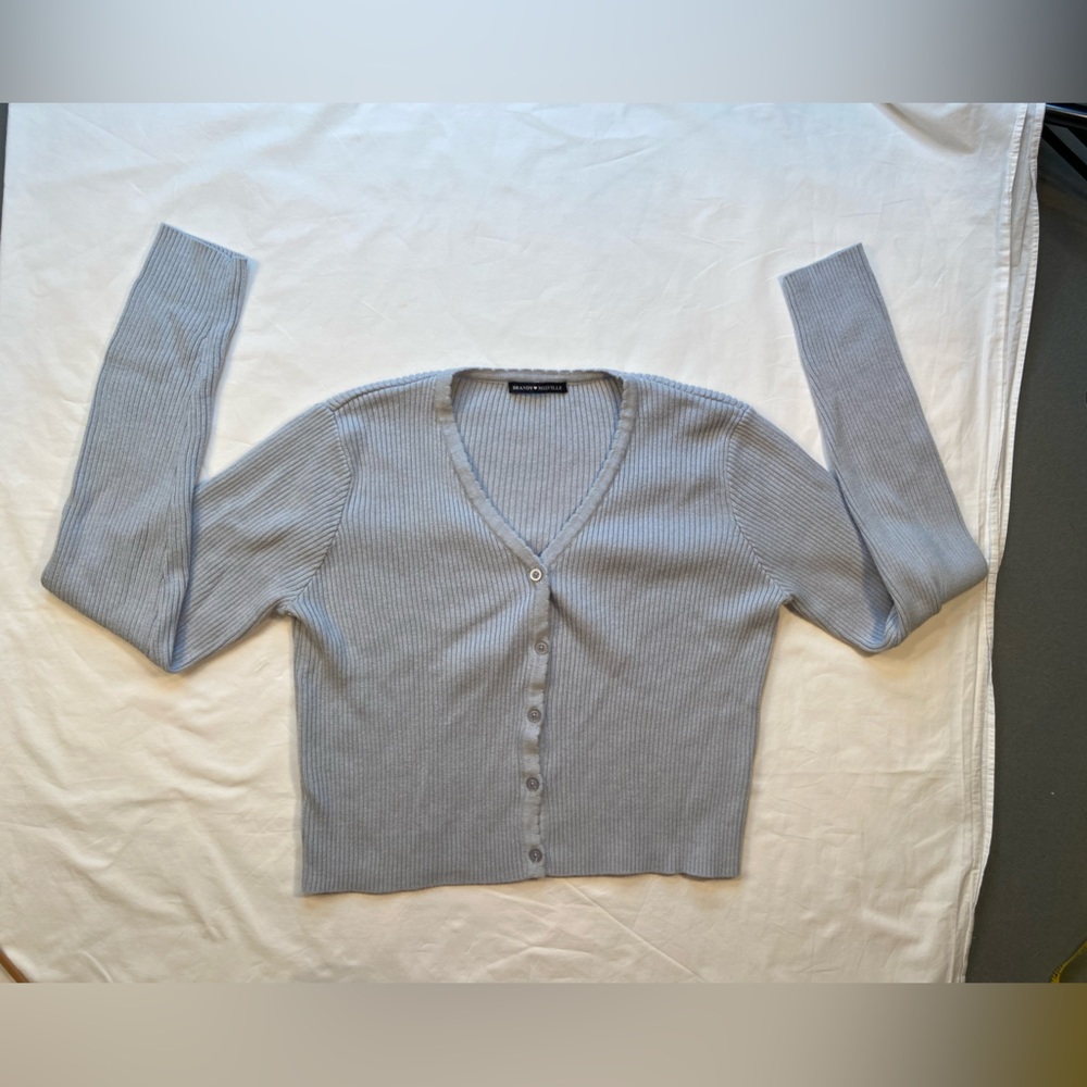Brandy Melville V Neck Cardigan, button up,‎ light pale blue grey, one size